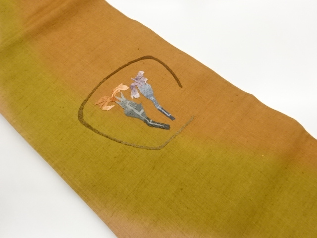 手織り紬　抽象草花模様刺繍名古屋帯